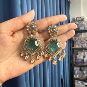Neetu Premium Kundan Earrings – Teal Green