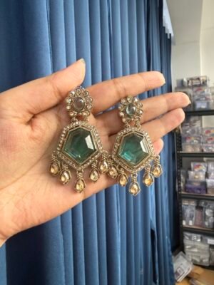 Neetu Premium Kundan Earrings – Teal Green