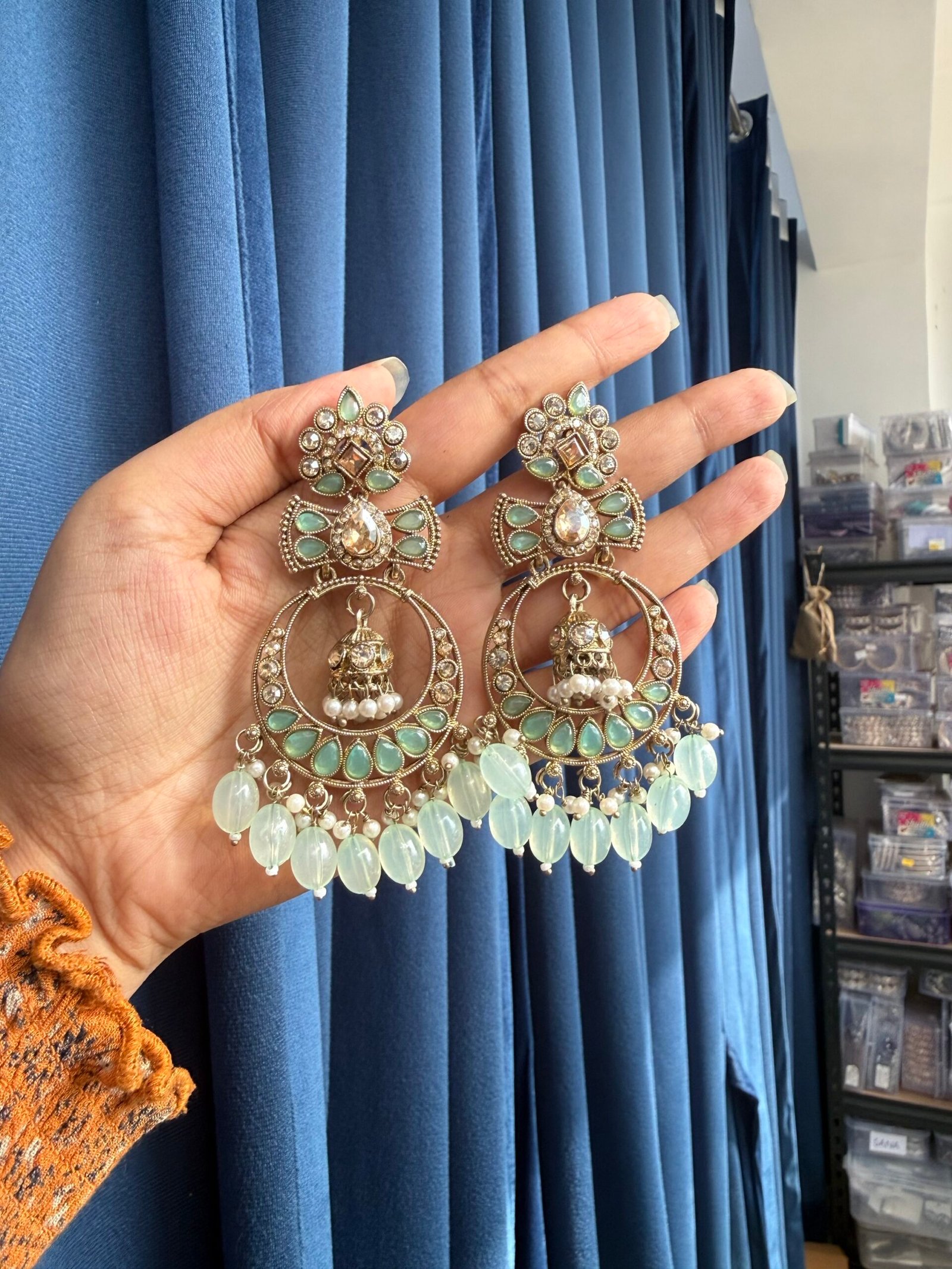 Anchal Kundan Earrings - Mint Green - Image 2