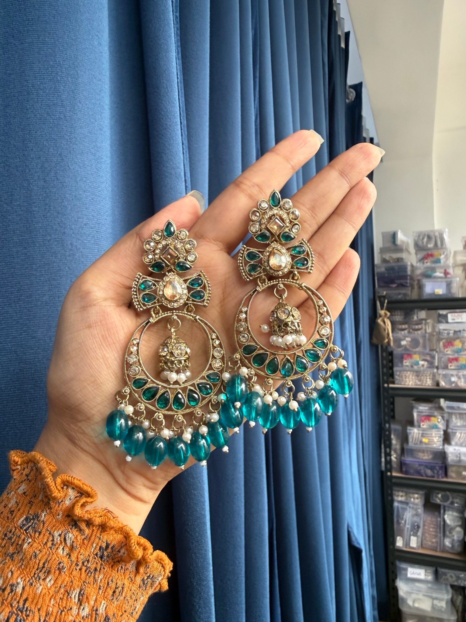 Anchal Kundan Earrings - Teal Green - Image 2