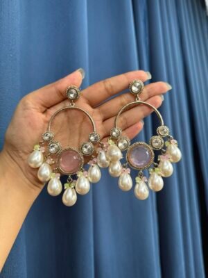 Pari Premium Kundan Earrings with Pearl Danglers – Mint Pink