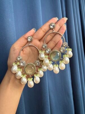 Pari Premium Kundan Earrings with Pearl Danglers – Mint Green