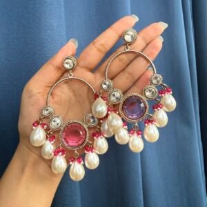 Pari Premium Kundan Earrings with Pearl Danglers – Dark Pink