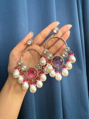 Pari Premium Kundan Earrings with Pearl Danglers – Dark Pink