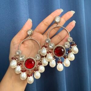 Pari Premium Kundan Earrings with Pearl Danglers – Red