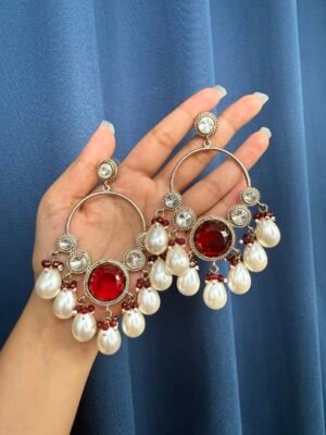 Pari Premium Kundan Earrings with Pearl Danglers – Red