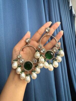 Pari Premium Kundan Earrings with Pearl Danglers – Dark Green