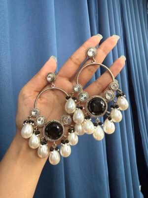 Pari Premium Kundan Earrings with Pearl Danglers – Black