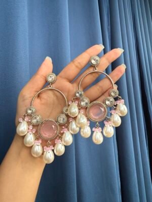 Pari Premium Kundan Earrings with Pearl Danglers – Light Pink