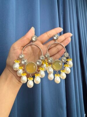 Pari Premium Kundan Earrings with Pearl Danglers – Yellow