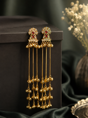Dhara Kashmiri Long Ghungroo Earrings – Dark Pink