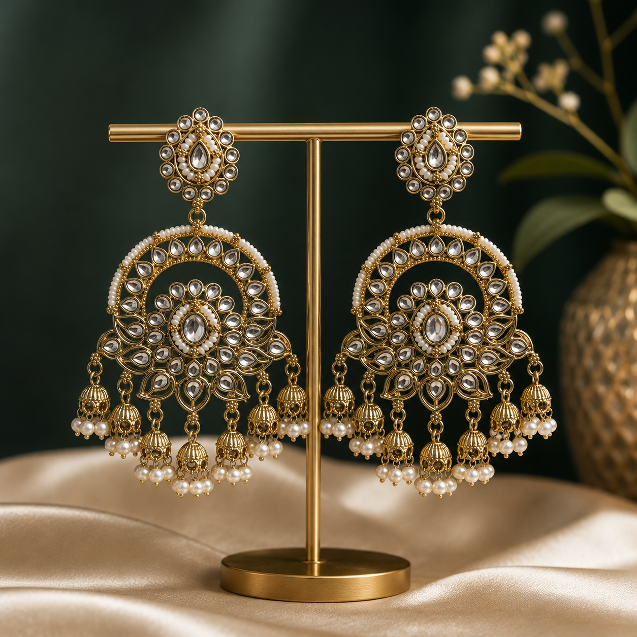 Vamika Golden Kundan Chandbali Earrings