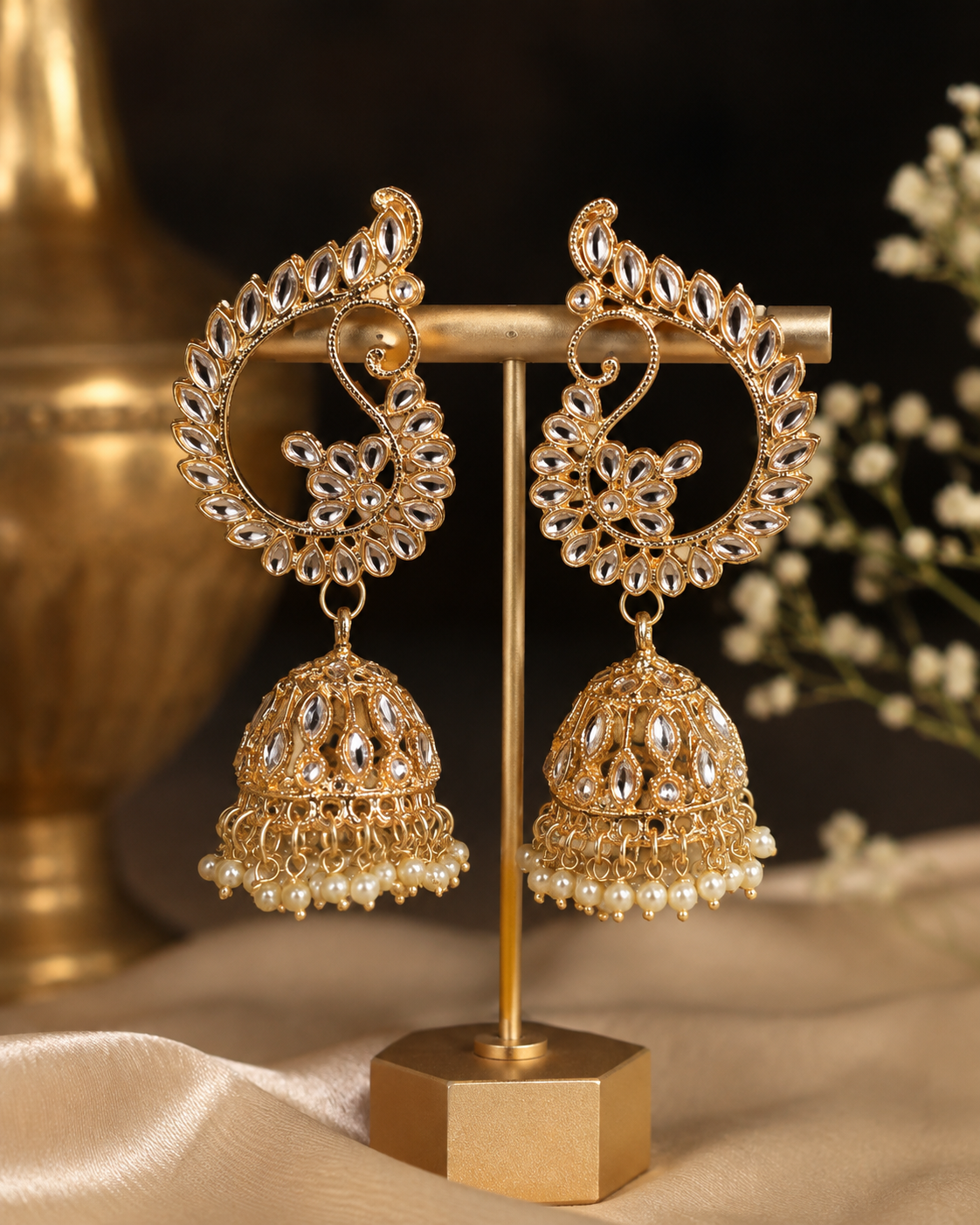 Peacock Kundan Golden Jhumka Earrings