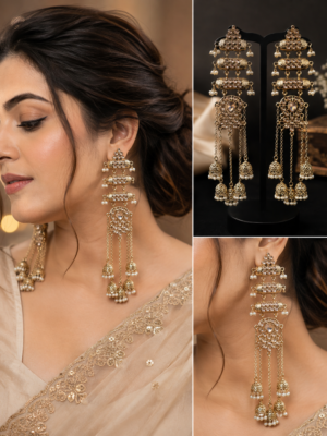 Fiza Kashmiri Long Pearl Earrings – Golden Antique Finish