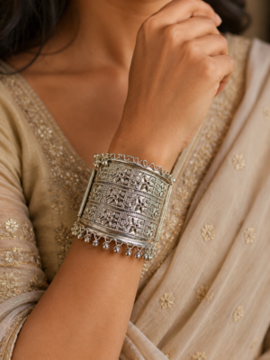 Aarna Oxidised Silver Tribal Kada Cuff Bracelet for Women