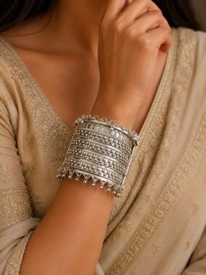 Devyani Oxidised Silver Tribal Kada Bracelet for Women