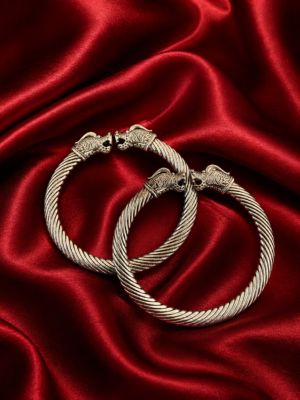 Gajra Oxidised Silver Elephant Kada Bracelet for Women