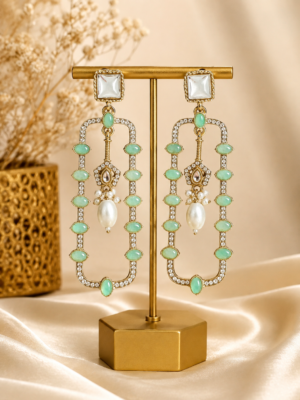 Aashvi Mint Green Long Kundan Pearl Earrings
