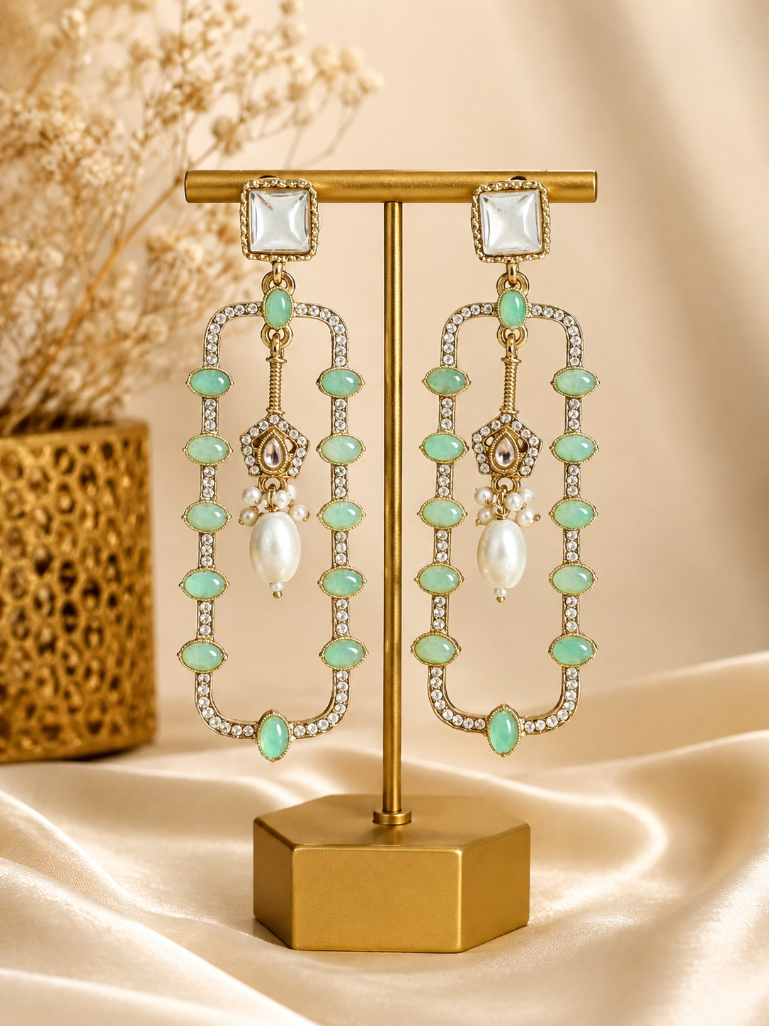 Aashvi Mint Green Long Kundan Pearl Earrings
