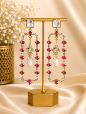Aashvi Wine Long Kundan Pearl Earrings