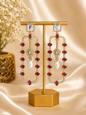 Aashvi Red Long Kundan Pearl Earrings