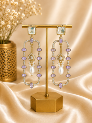 Aashvi Lavender Long Kundan Pearl Earrings