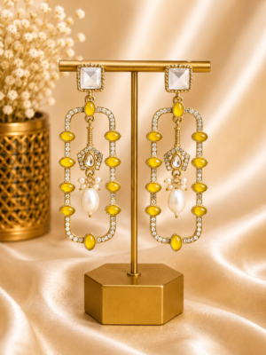 Aashvi Yellow Long Kundan Pearl Earrings
