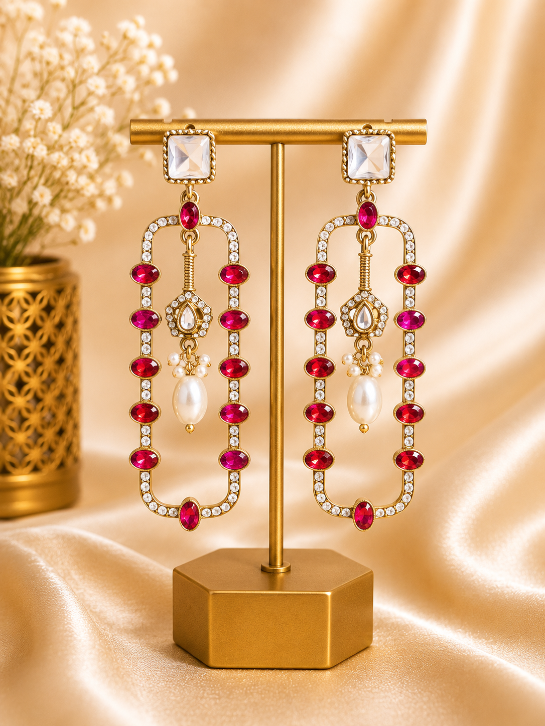 Aashvi Dark Pink Long Kundan Pearl Earrings