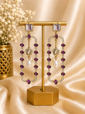 Aashvi Purple Long Kundan Pearl Earrings