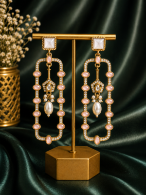 Aashvi Light Pink Long Kundan Pearl Earrings