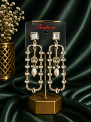 Aashvi White Long Kundan Pearl Earrings