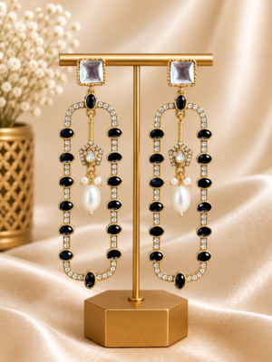 Aashvi Black Long Kundan Pearl Earrings