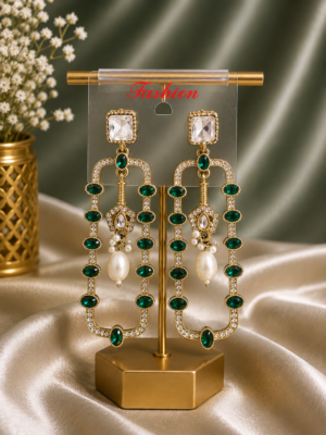 Aashvi Emerald Green Long Kundan Pearl Earrings