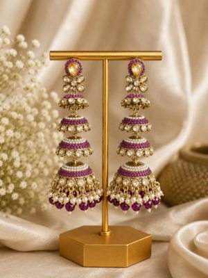 Ginny Long Four Layered Jhumka Earrings - Purple
