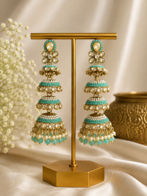Ginny long four layered jhumka earrings with stone detailing and pearl drops - Light Blue
