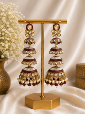 Ginny Long Four Layered Jhumka Earrings - Red