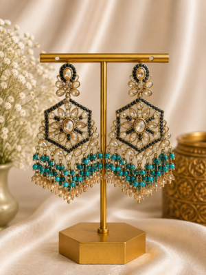 Urmila Jadau Kundan Crystal Statement Earrings - Teal Blue