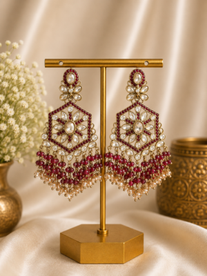 Urmila Jadau Kundan Crystal Statement Earrings - Wine