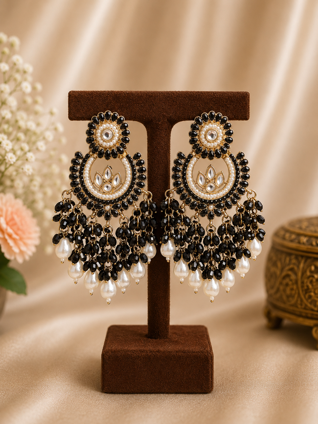 Pakhi Jadau Kundan Chandbali statement earrings with intricate stonework and beaded fringe - Black