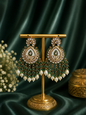 Jyoti dark green kundan and white marble statement dangle earrings with pearl drops