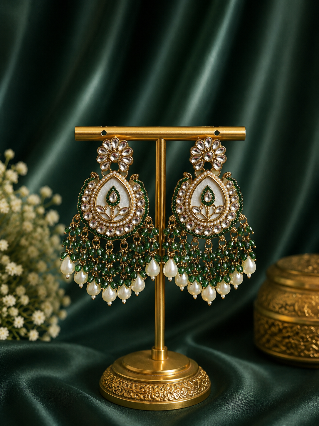 Jyoti dark green kundan and white marble statement dangle earrings with pearl drops