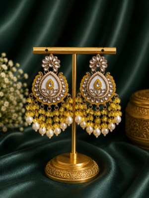 Jyoti yellow kundan and white marble statement dangle earrings with pearl drops