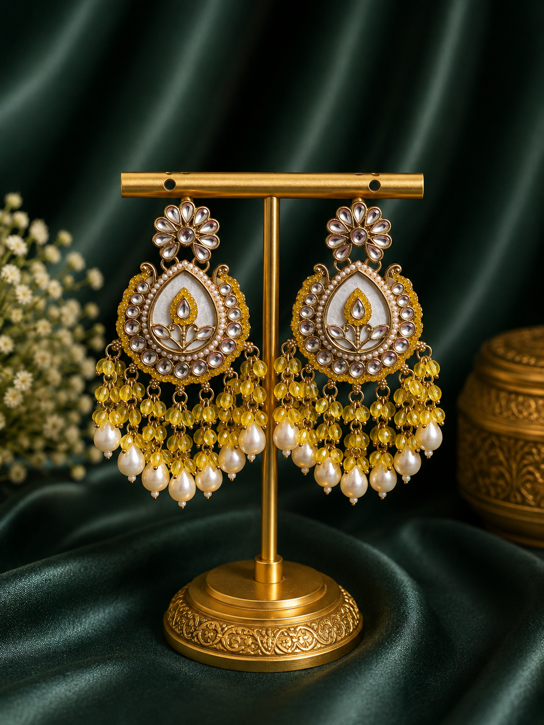 Jyoti yellow kundan and white marble statement dangle earrings with pearl drops