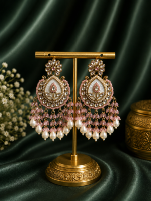 Jyoti light pink kundan and white marble statement dangle earrings with pearl drops