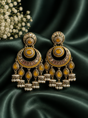 Arya yellow kundan chandbali earrings with gold plating and pearl jhumka drops