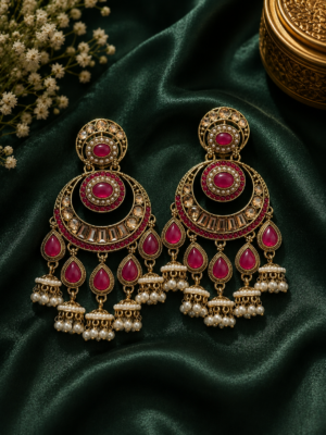 Arya dark pink kundan chandbali earrings with gold plating and pearl jhumka drops