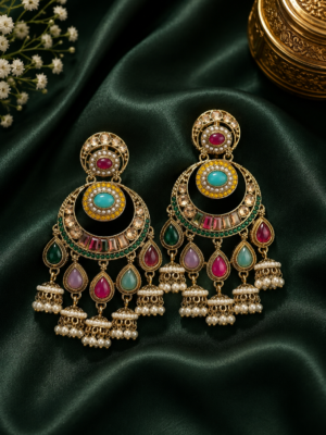 Arya multi kundan chandbali earrings with gold plating and pearl jhumka drops