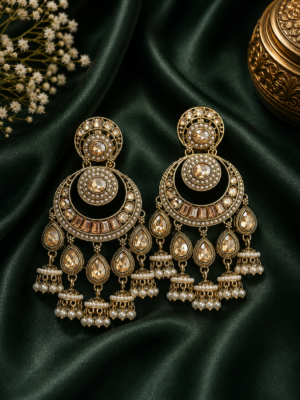 Arya golden kundan chandbali earrings with gold plating and pearl jhumka drops