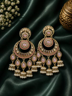 Arya pink kundan chandbali earrings with gold plating and pearl jhumka drops