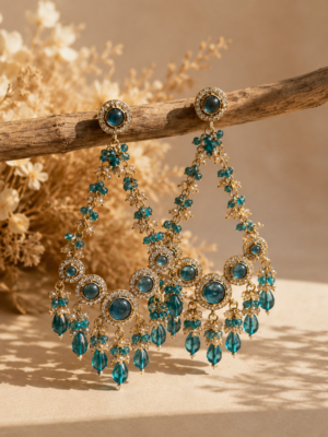 Noori Teal Green Kundan Beaded Chandbali Earrings for Women